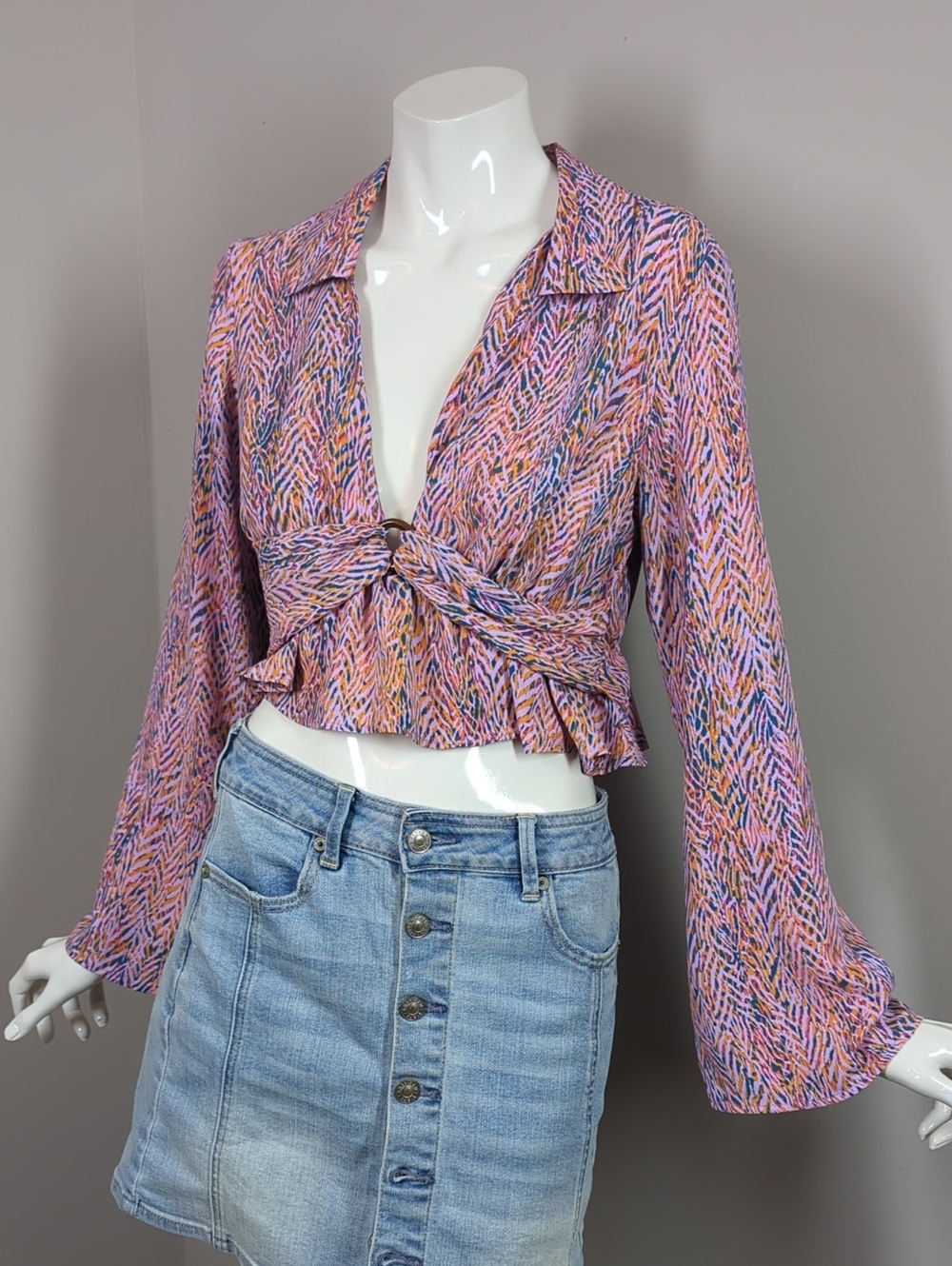 Zara Women’s Pink Multi-Color Tie-Front Long Sleeve Top Belle Sleeve Small